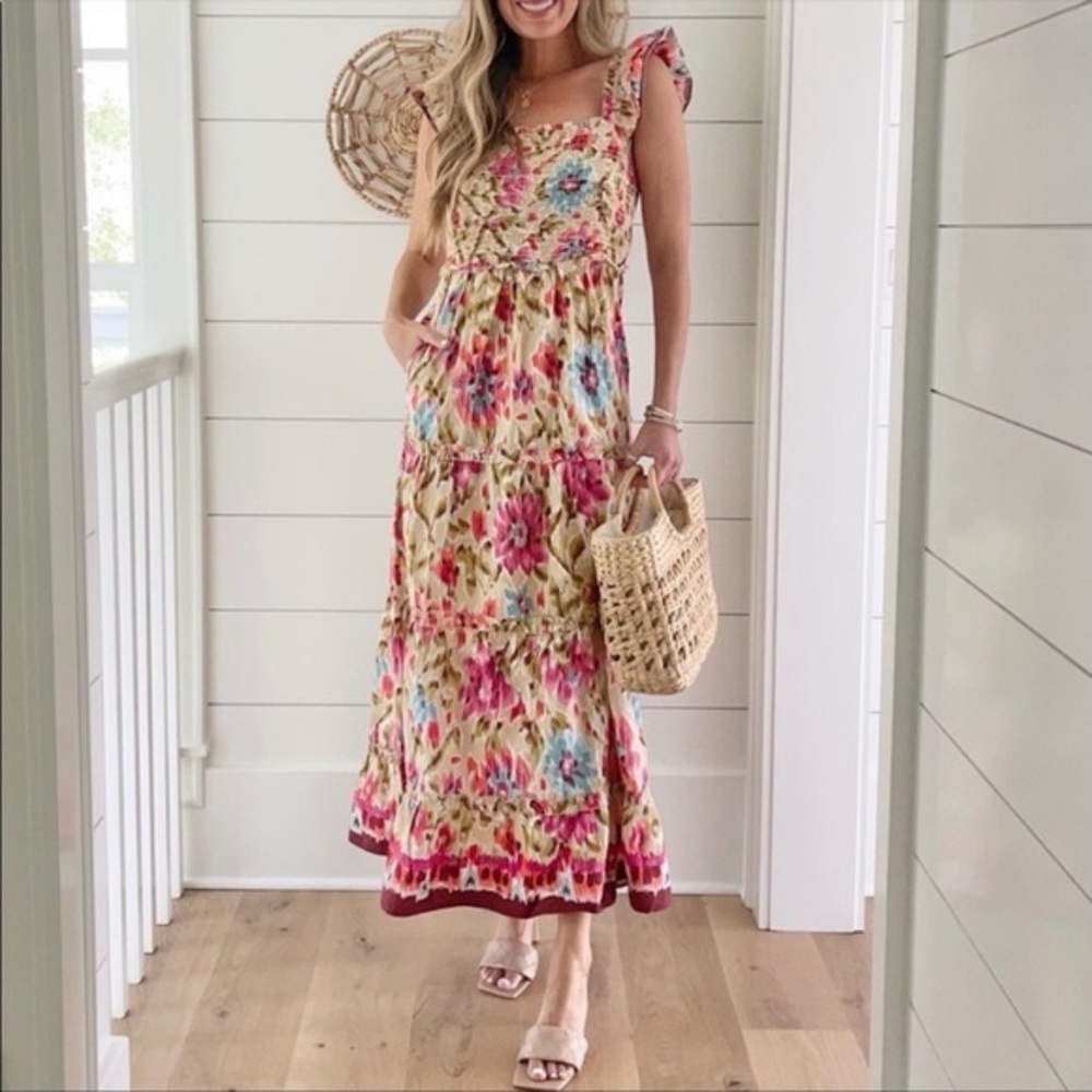 House of Harlow 1960 Flowy Floral Maxi Dress, Khaki Zoey XS